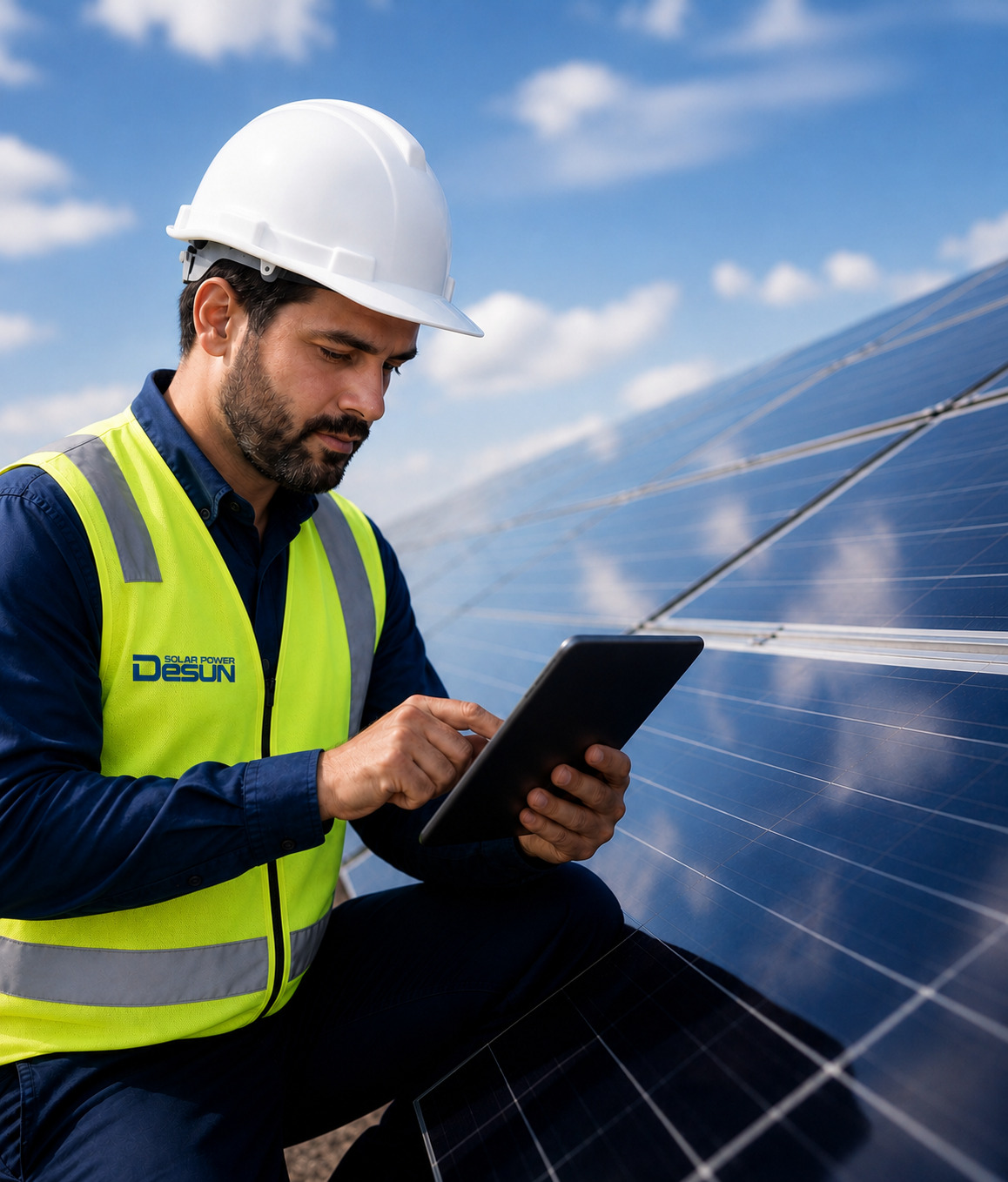 DESUN engineer inspecting a solar panel array with a tablet